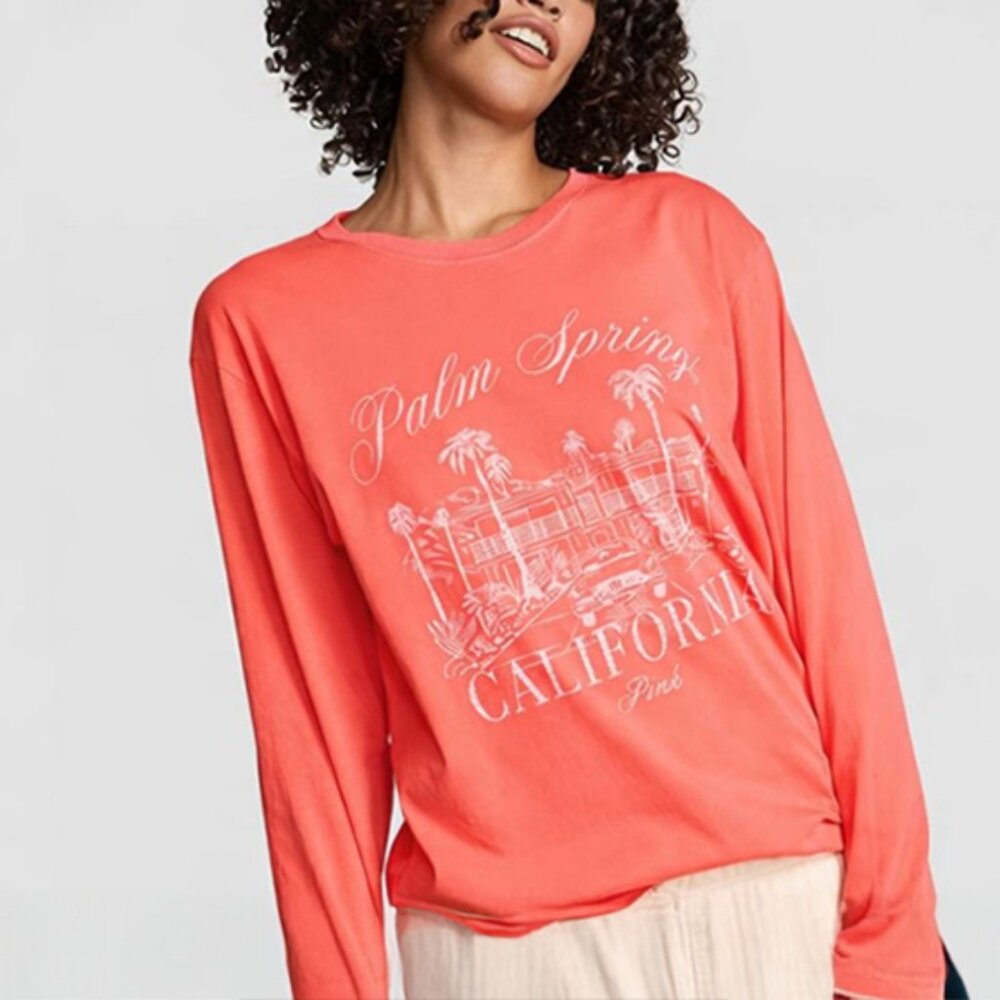 Victoria's Secret PINK Campus Long-Sleeve Cotton Tee (Hot Orange Palm Springs)